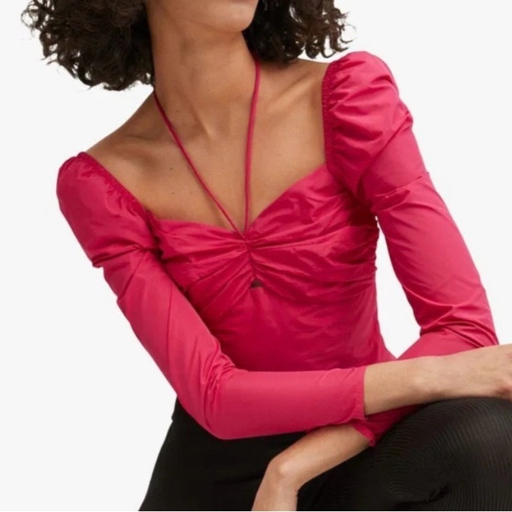 MANGO MNG Fuchsia Puff Sleeve Halter Neck CropTop Blouse Size S NEW Feminine